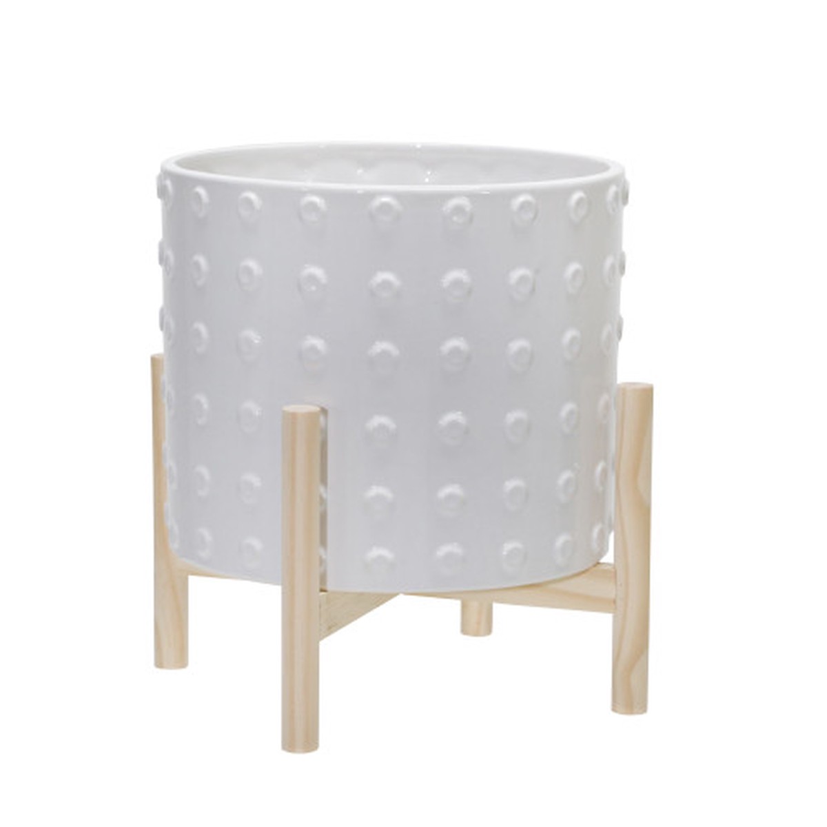 12" White Dotted Ceramic Planter with Pine Wood Stand