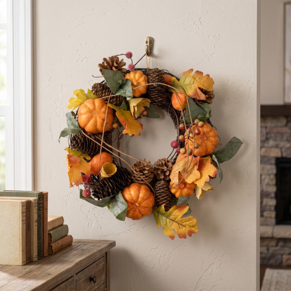13.5" Speckled Pumpkins, Vine and Pinecone Small Artificial Fall Harvest Twig Wreath