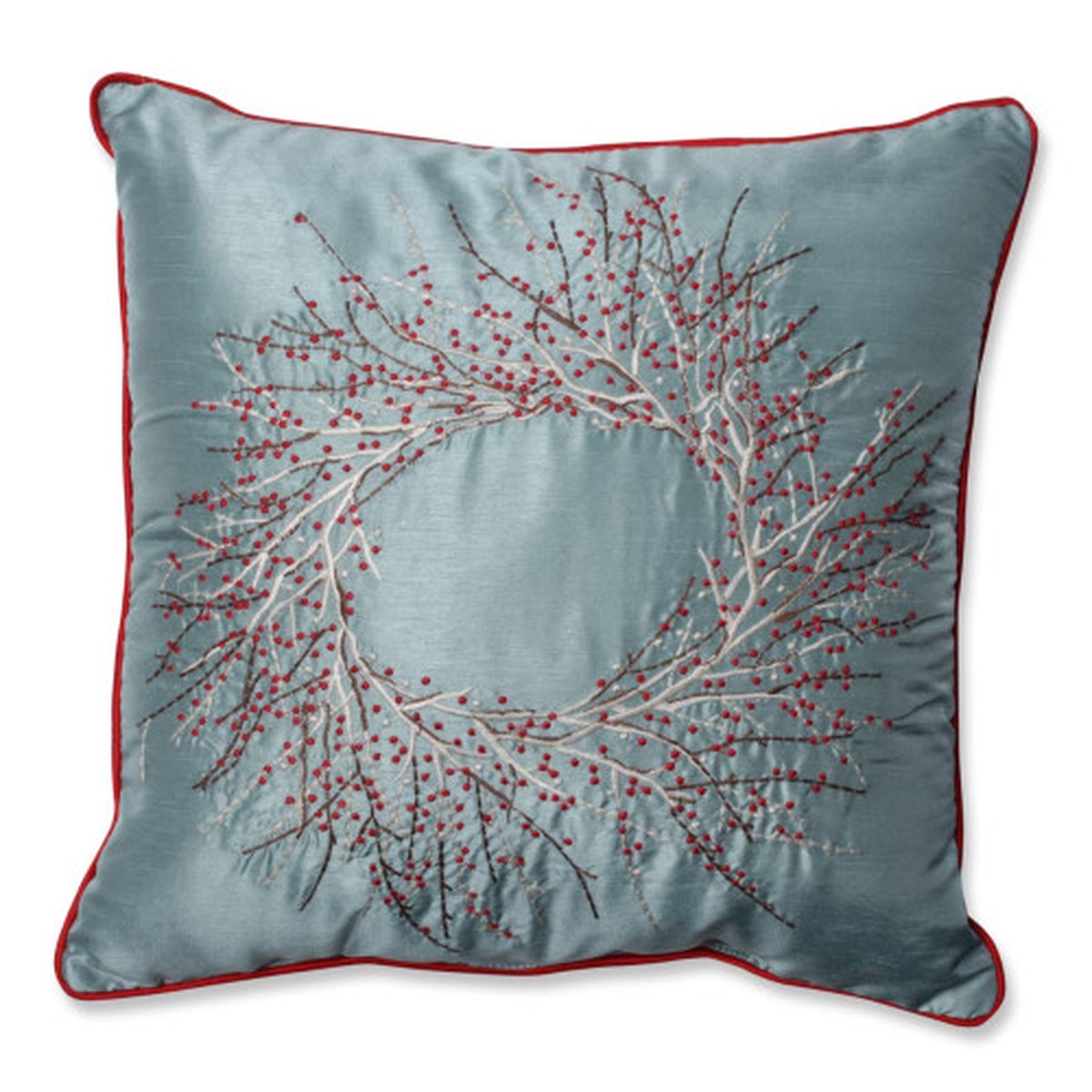 18" Blue and Red Christmas Wreath Square Throw Pillow