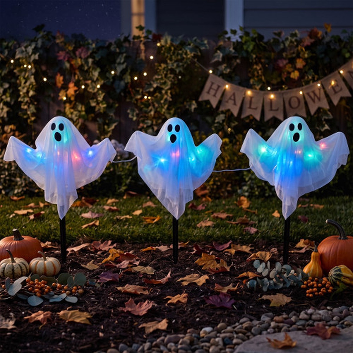20" LED Lighted Color Changing Ghost Halloween Outdoor Pathway Markers - White - 3ct
