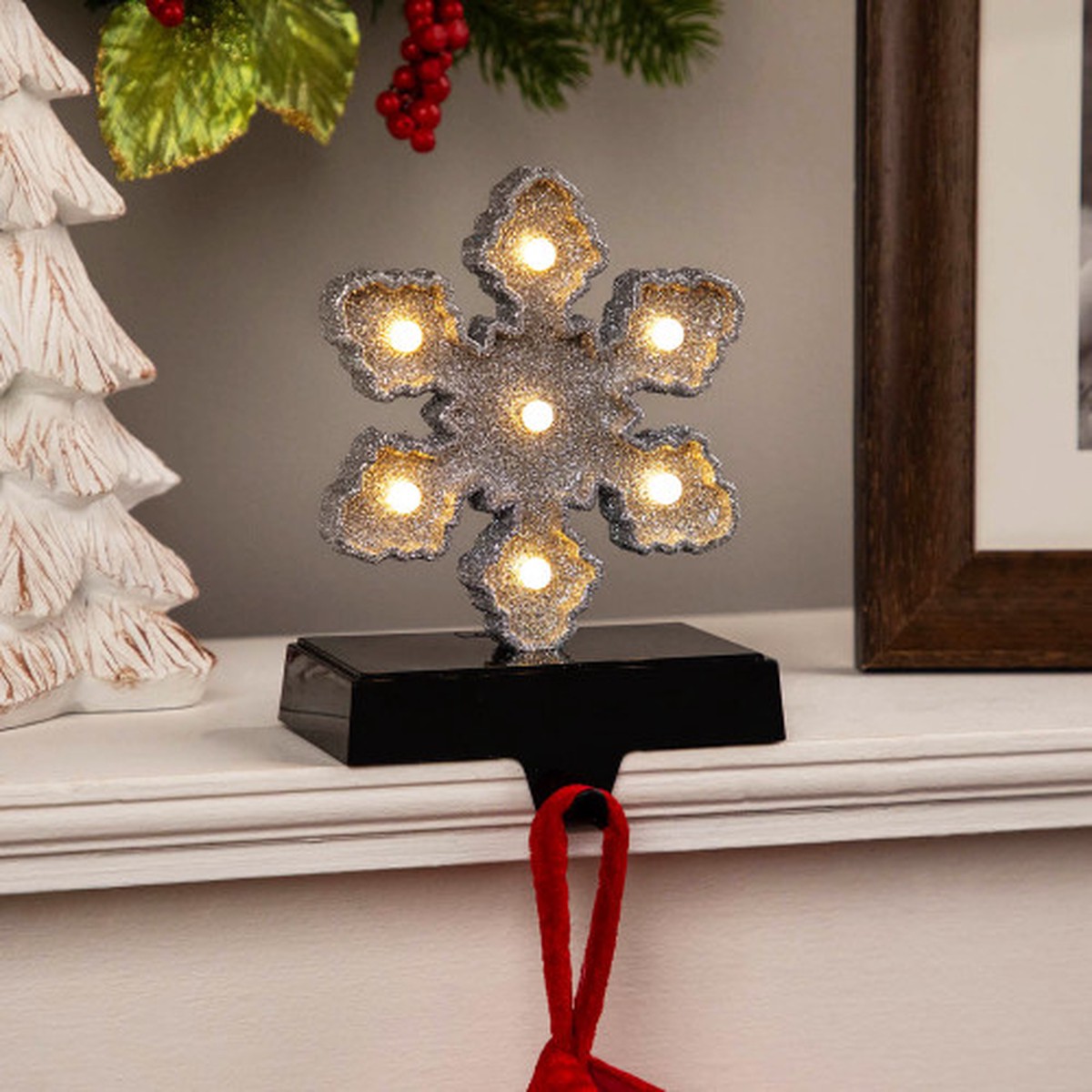6.5" LED Lighted Glittered Snowflake Christmas Stocking Holder - Silver