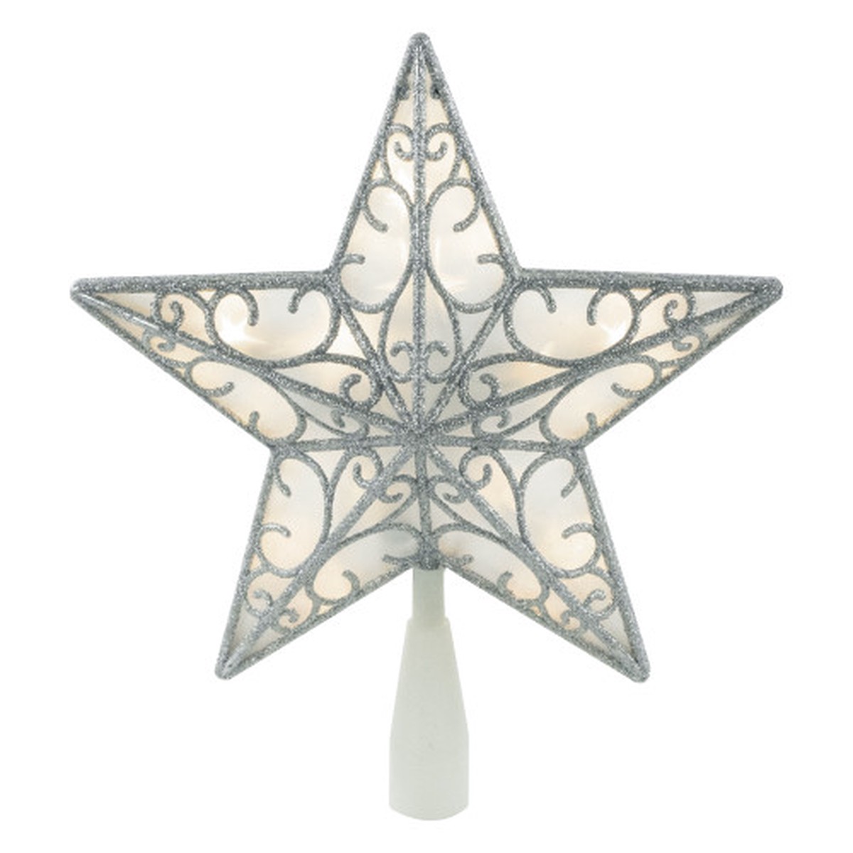 9" LED Lighted Silver Glitter Star Christmas Tree Topper, Warm White Lights