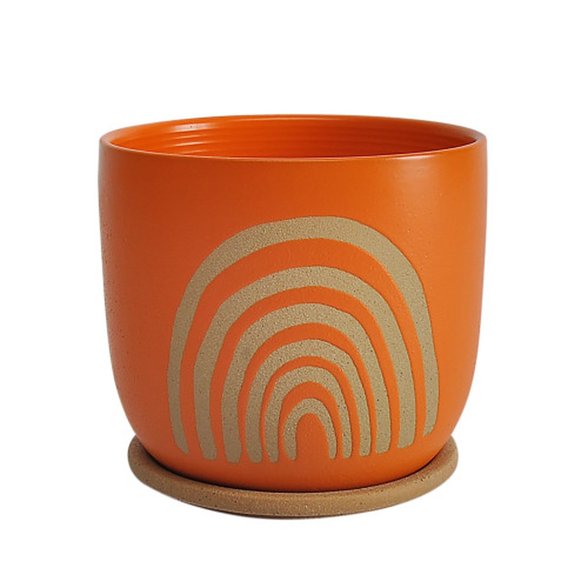 Arch Design Ceramic Planter with Saucer - 8" - Orange and Beige