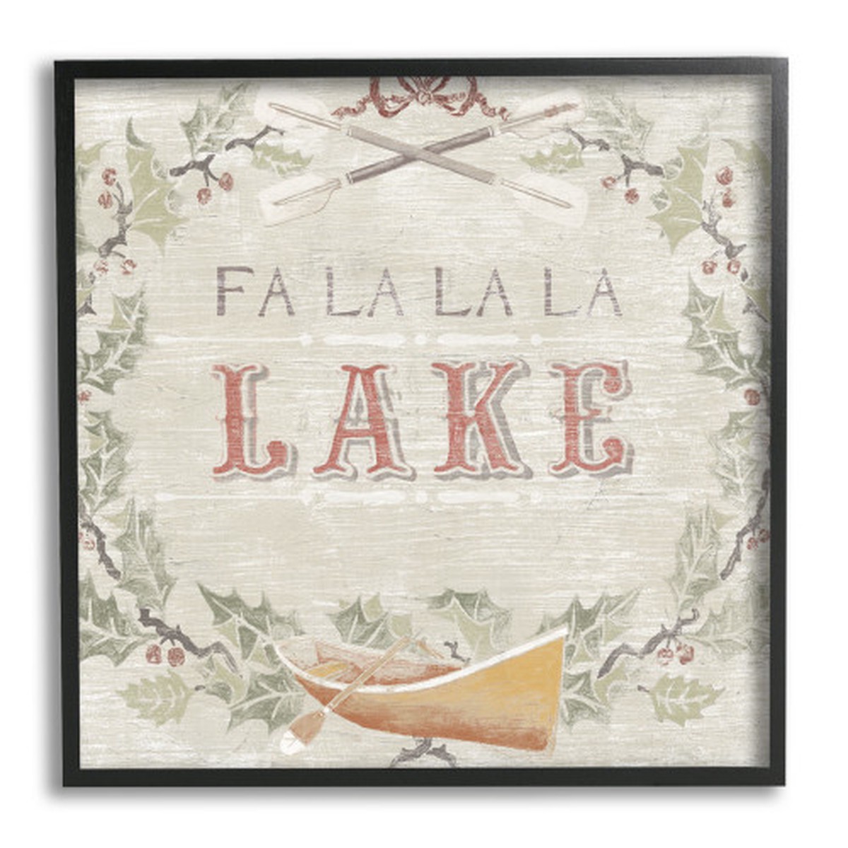 Beige and Black "Fa La La Lake" Winter Holiday Wreath Framed Christmas Wall Art 17" x 17"