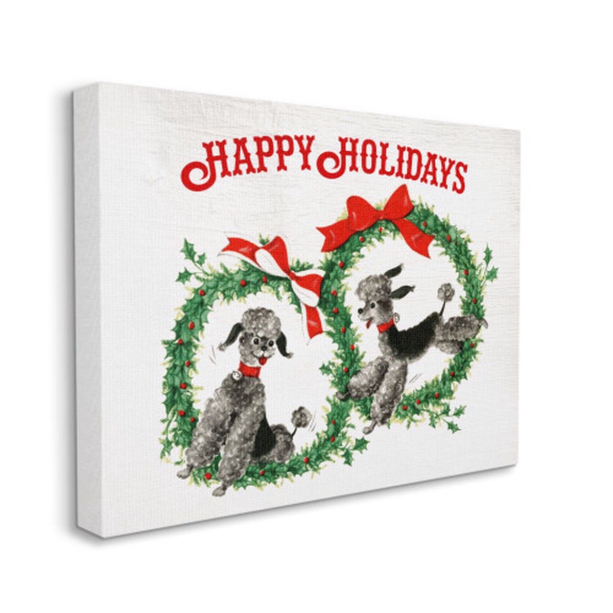 Beige and Green "Happy Holidays" Toy Poodle Wreaths Stretched Christmas Wall Art 16" x 20"