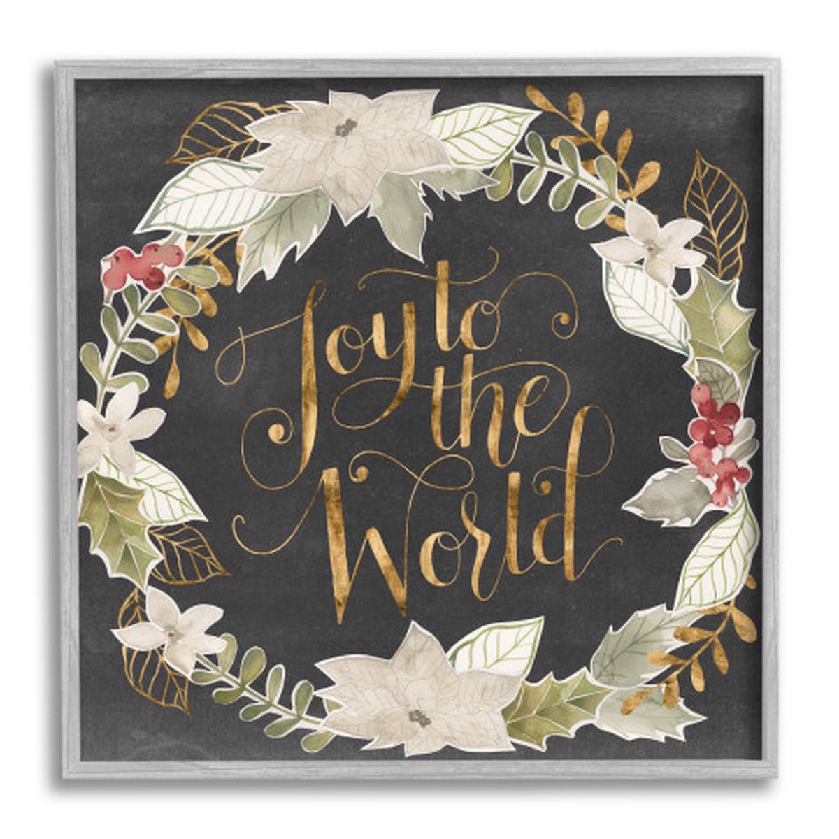 Black and Gray Joy to the World Chic Wreath Framed Christmas Wall Art 17" x 17"