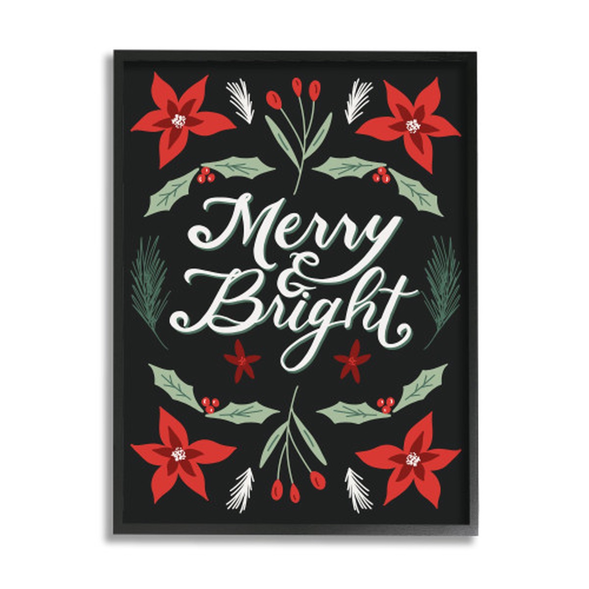Black Merry and Bright Festive Text Poinsettia Rectangular Christmas Framed Wall Art 20" x 16"