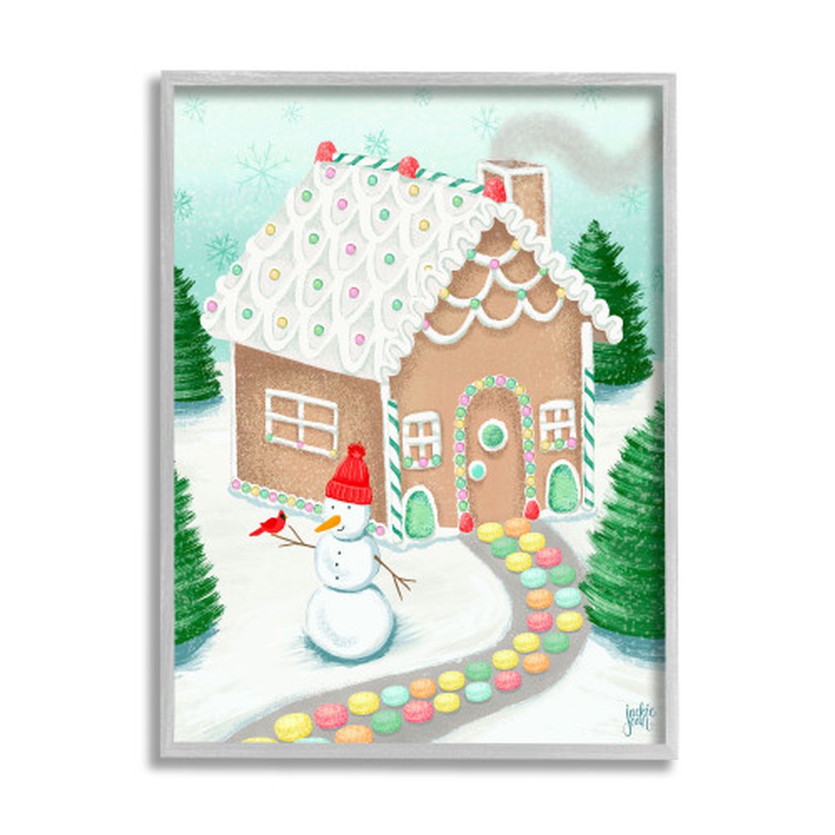 Blue and Green Gingerbread House Christmas Snowman Rustic Framed Wall Art 20" x 16"