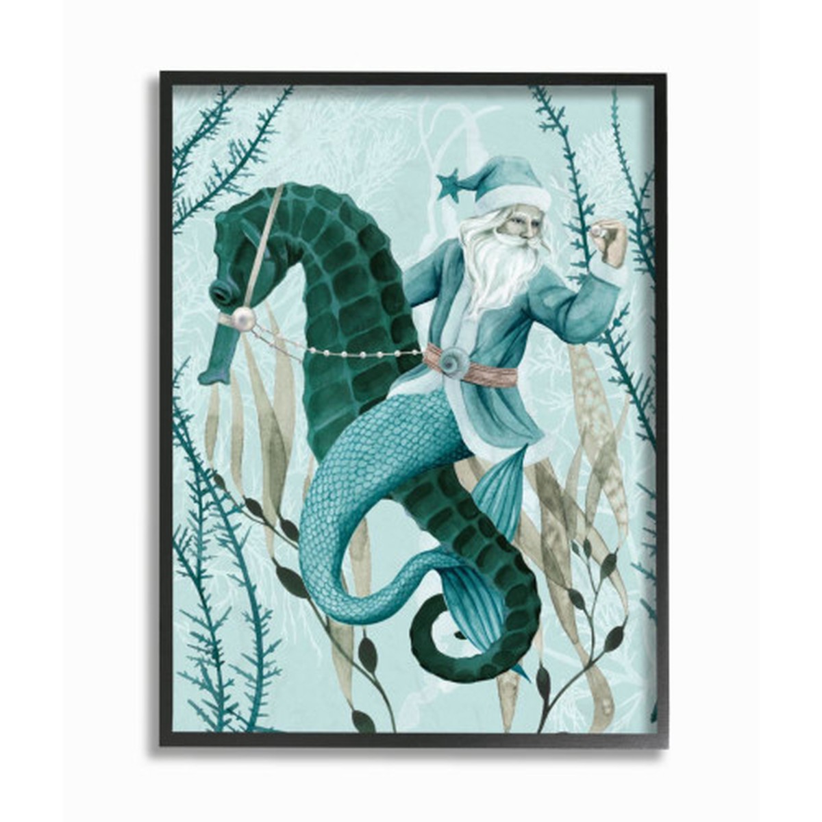 Blue and Green Sea Santa Ocean Christmas Framed Wall Art Decor 30" x 24"