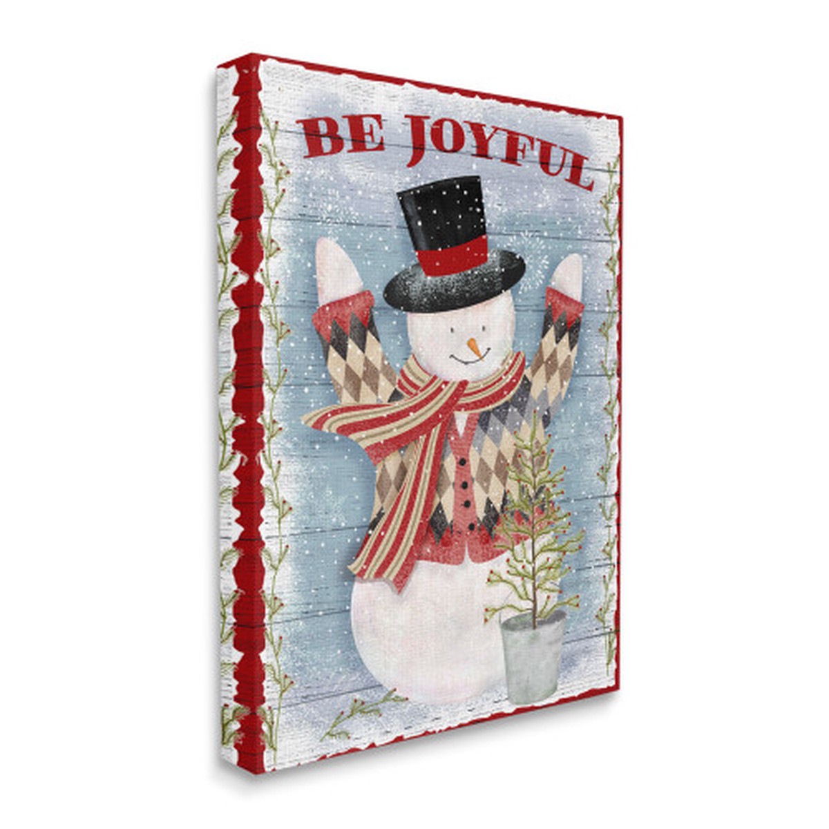 Blue and Red "Be Joyful" Snowman Christmas Tree Stretched Wall Art Decor 20" x 16"