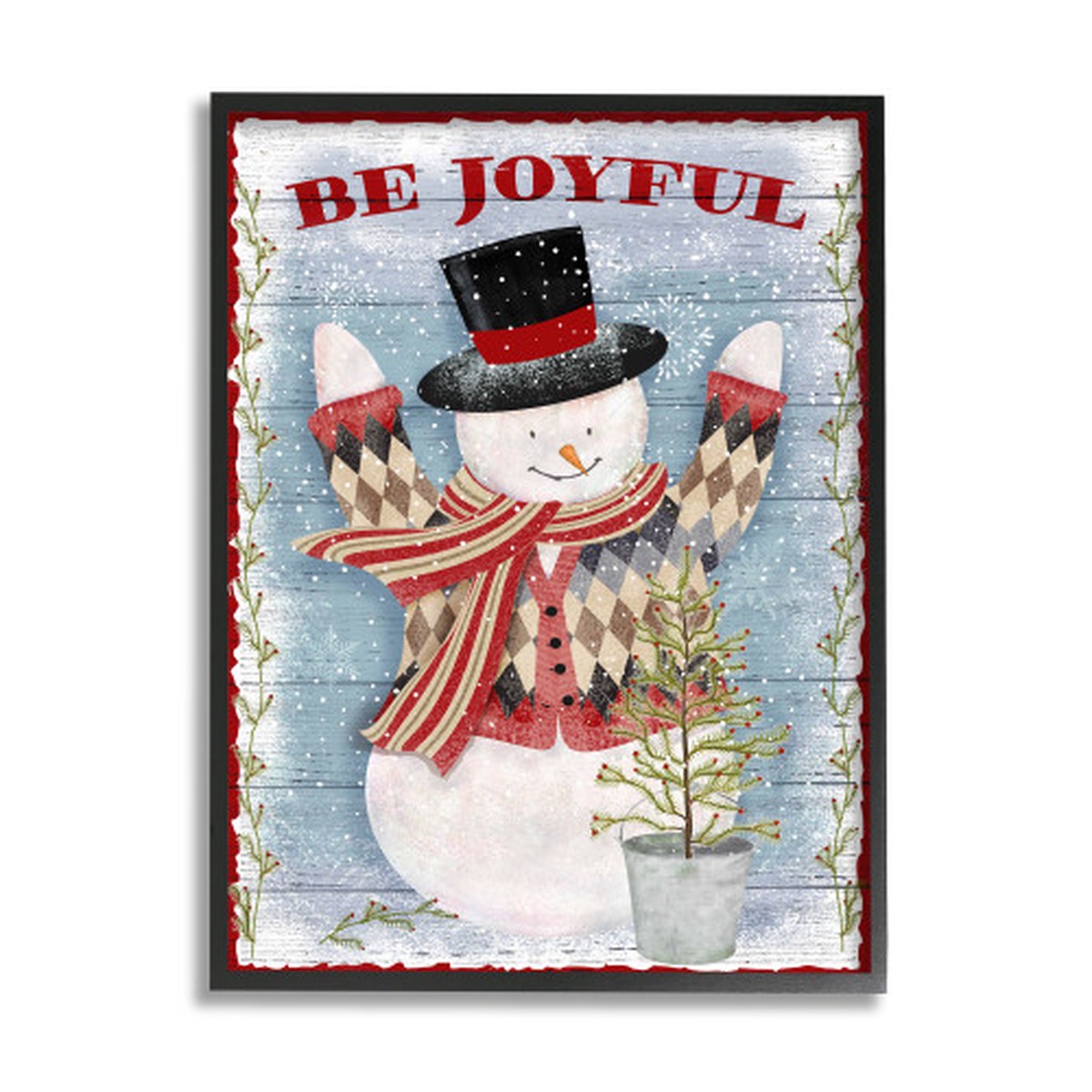 Blue and Red "Be Joyful" Snowman with Christmas Tree Framed Wall Art Decor 20" x 16"
