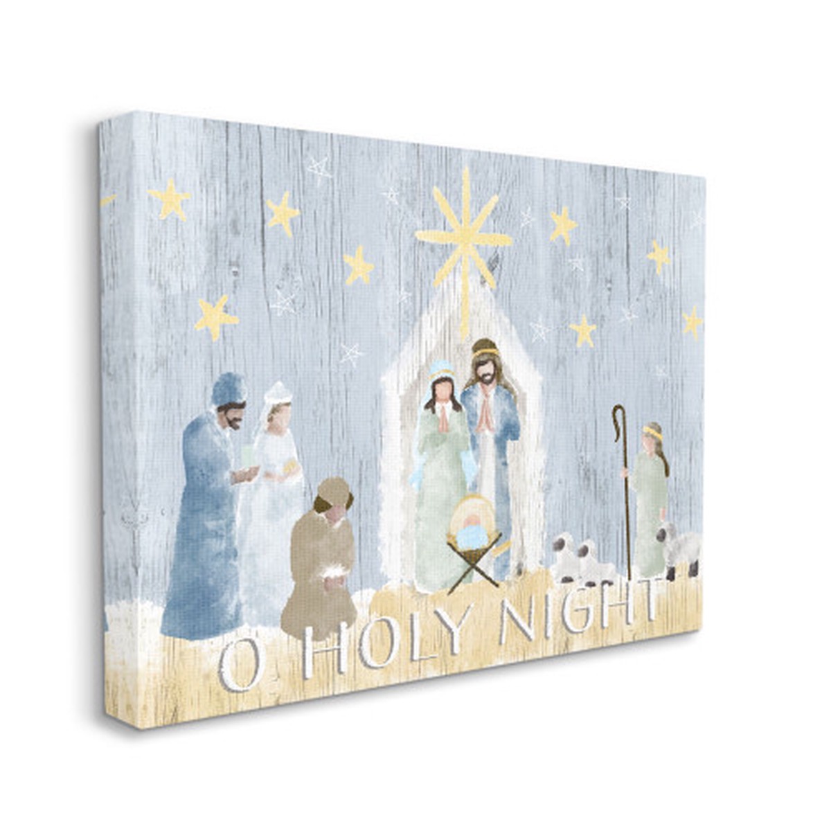 Blue and Yellow Nativity Barn Stable Scene Stretched Christmas Wall Art 20" x 16"