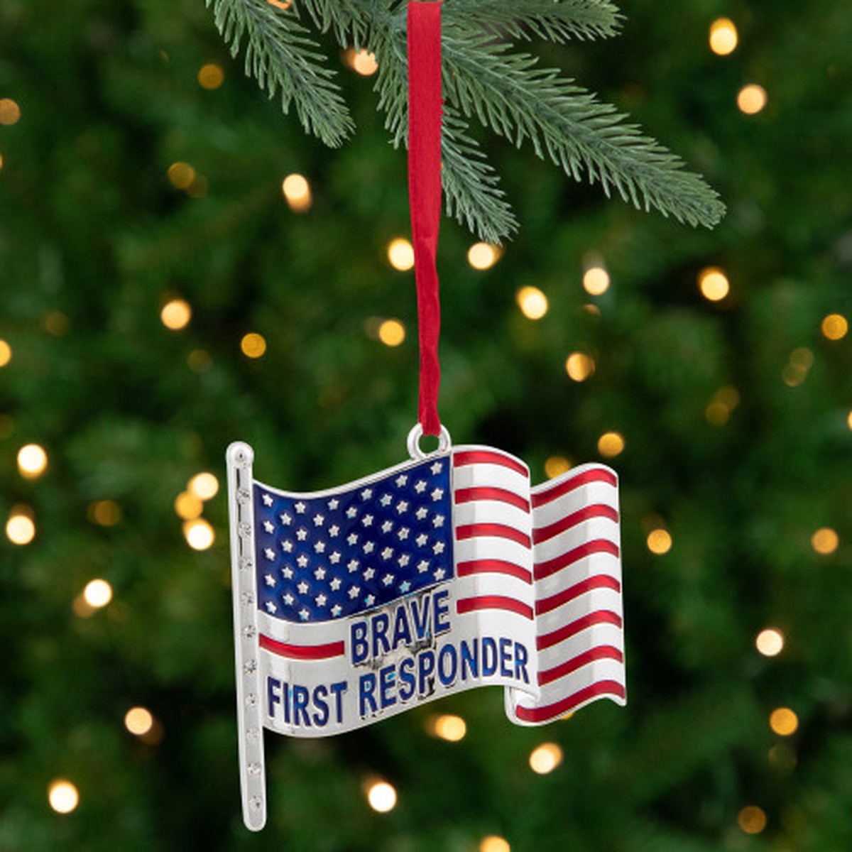 Brave First Responders US Flag with European Crystals Patriotic Christmas Ornament - 6.25"