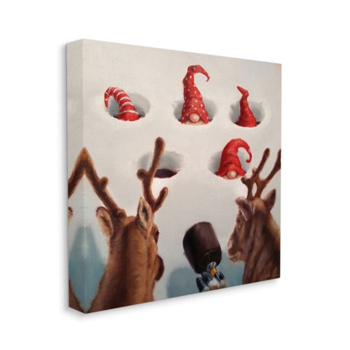 Brown and White Whack an Elf Christmas Reindeer Humor Square Wall Art Decor 30" x 30"
