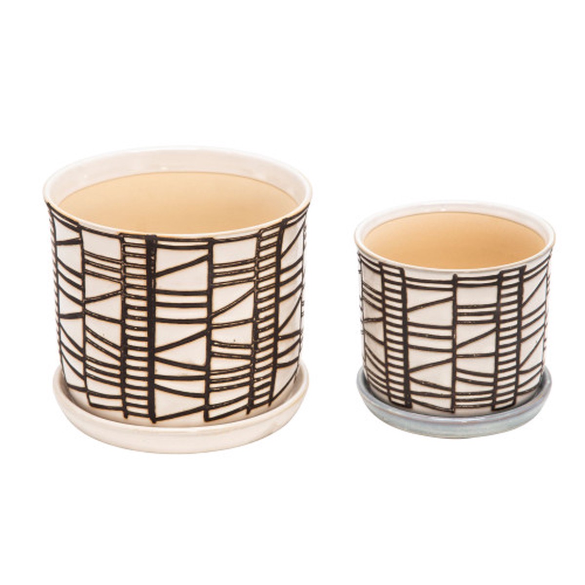 Ceramic Outdoor Planters with Saucers - 8" - Beige and Brown - Set of 2
