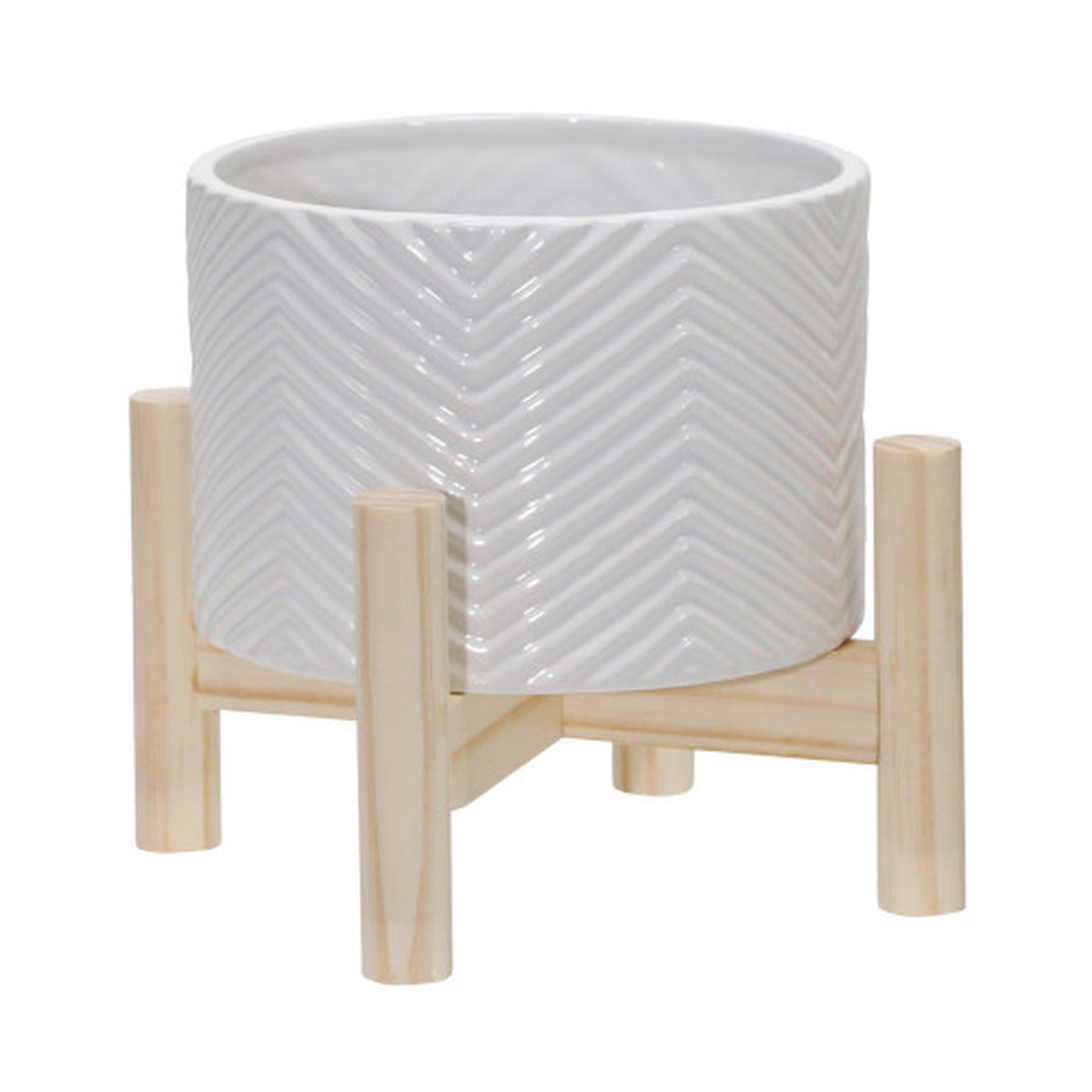 Chevron Ceramic Outdoor Planter with Stand - 7" - White and Beige