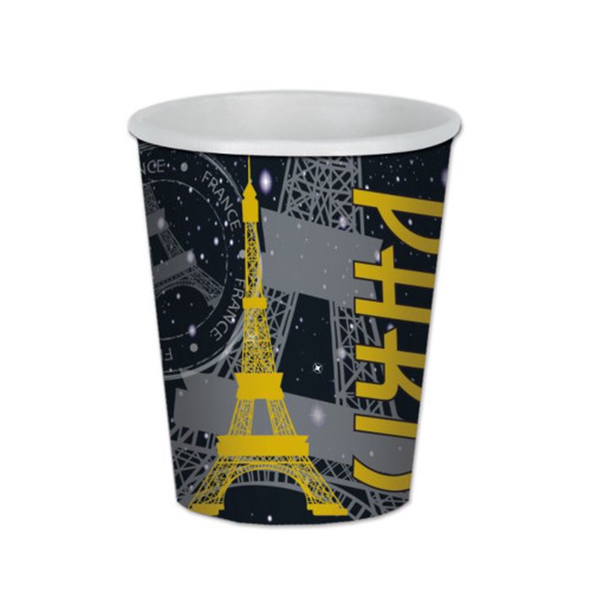 Disposable Paris Life Hot & Cold Paper Party Cups - 9 oz - Black and Yellow - Pack of 96
