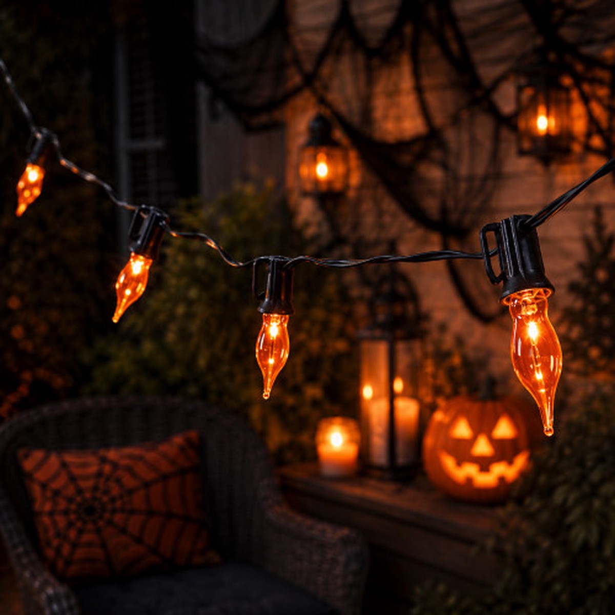 Flickering Flame C7 Halloween Lights - Orange - 12" Spacing - Black Wire - 10ct