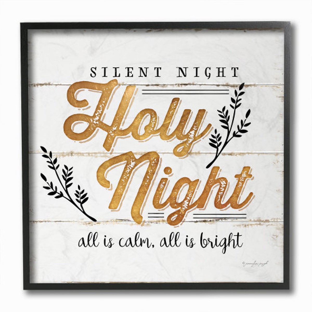 Gold and White Holy Night Christmas Holiday Framed Wall Art 12" x 12"