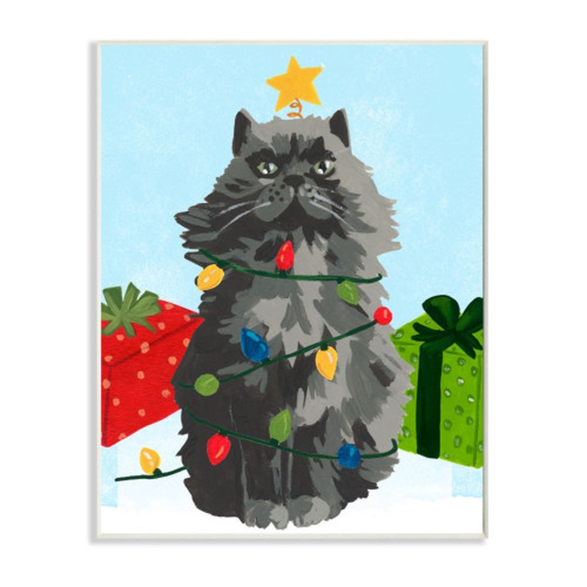 Gray and Blue Cat Festive Holiday Lights Christmas Rectangular Wall Plaque Art 19" x 13"