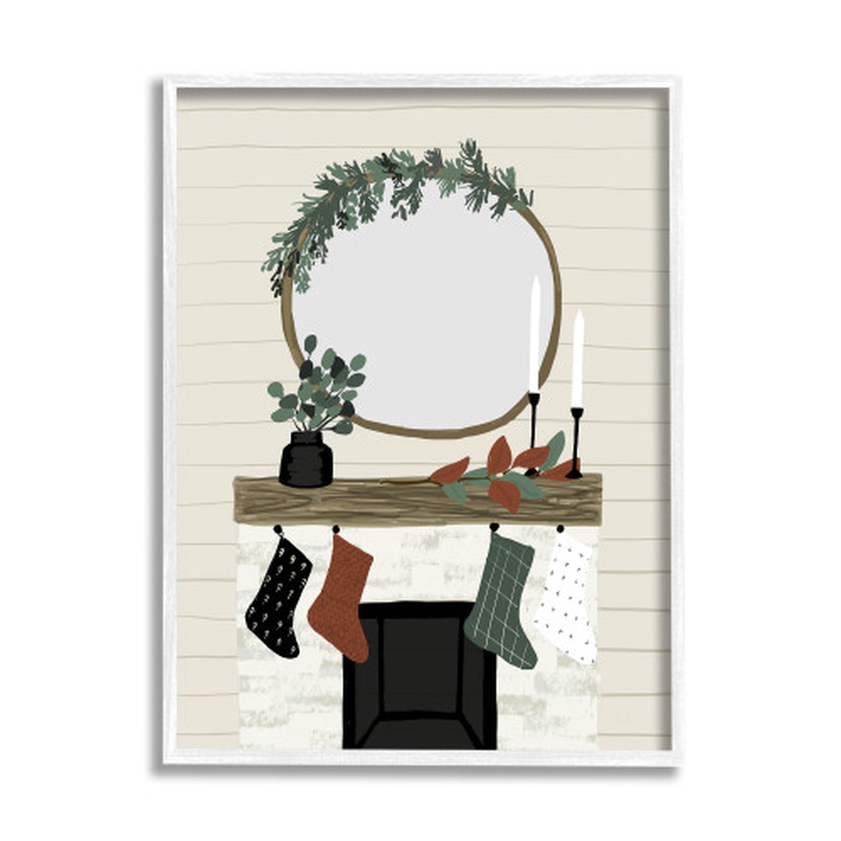 Green and Black Festive Room Fireplace White Framed Wall Art 30" x 24"