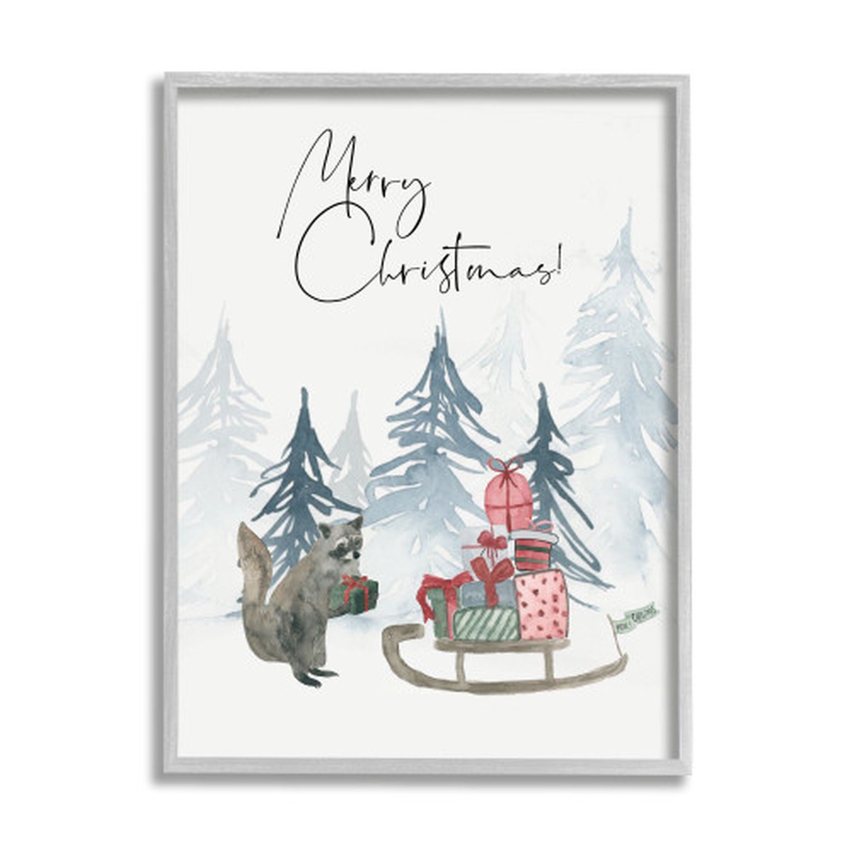 Green and Gray "Merry Christmas" Raccoon Forest Present Sleigh Framed Wall Art 20" x 16"