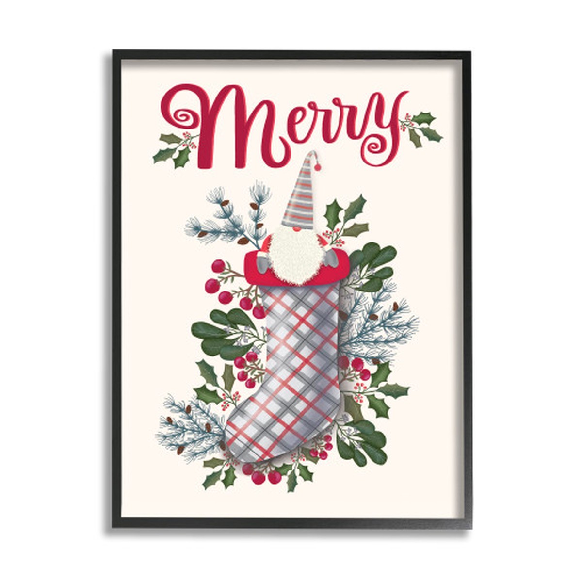 Green and Red "Merry" Christmas Gnome in Plaid Holly Stocking Framed Wall Art Decor 20" x 16"