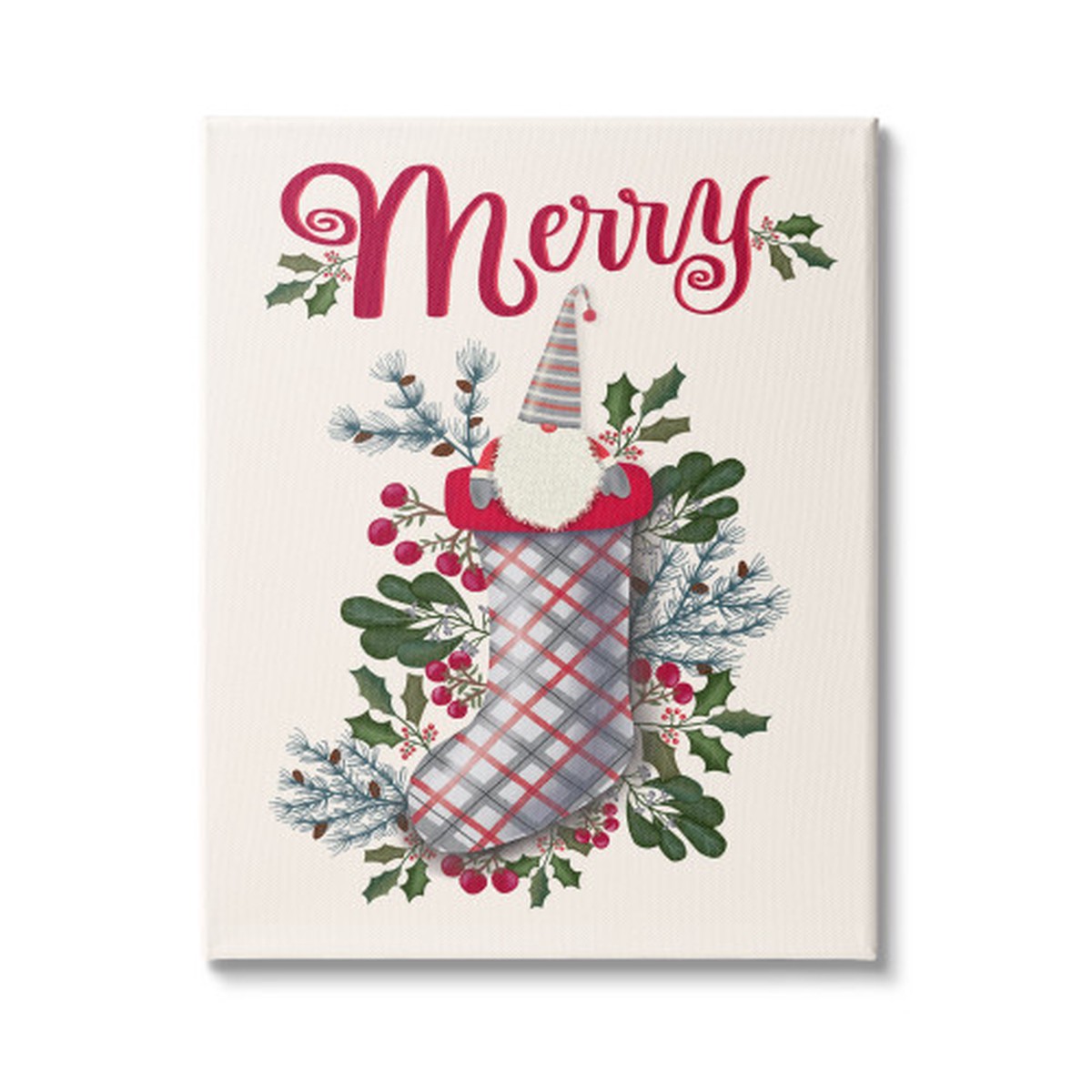 Green and Red "Merry" Christmas Gnome in Plaid Holly Stocking Stretched Wall Art Decor 20" x 16"