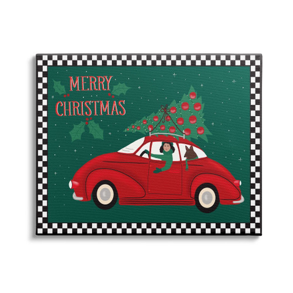 Green and Red "Merry Christmas" Woman in Car Stretched Canvas Wall Art Decor 30" x 40"