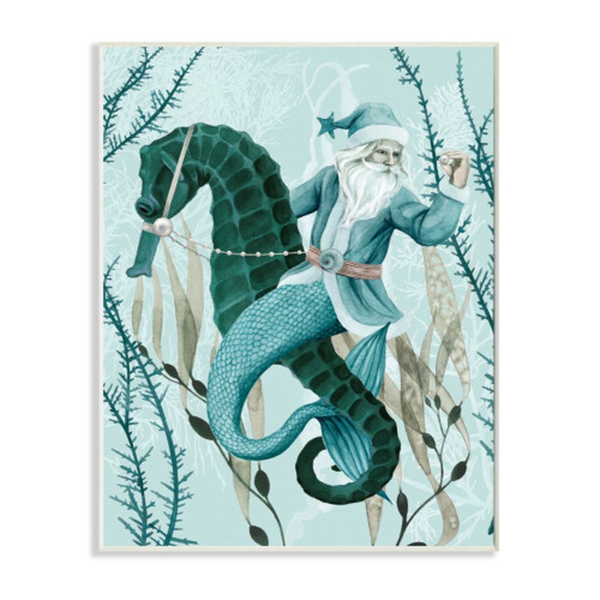 Green and White Sea Santa Ocean Rectangular Christmas Wall Plaque Art Decor 15" x 10"