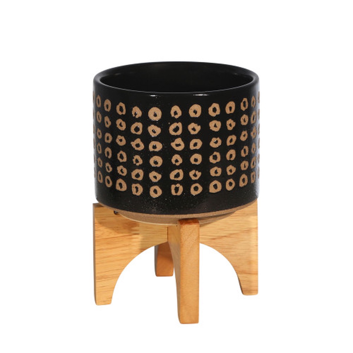 Hand Painted Ceramic Planter on Stand - 7" - Black and Brown