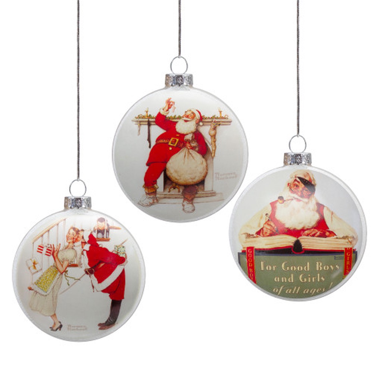 Norman Rockwell Christmas Disc Glass Ornaments - 3" - Set of 3