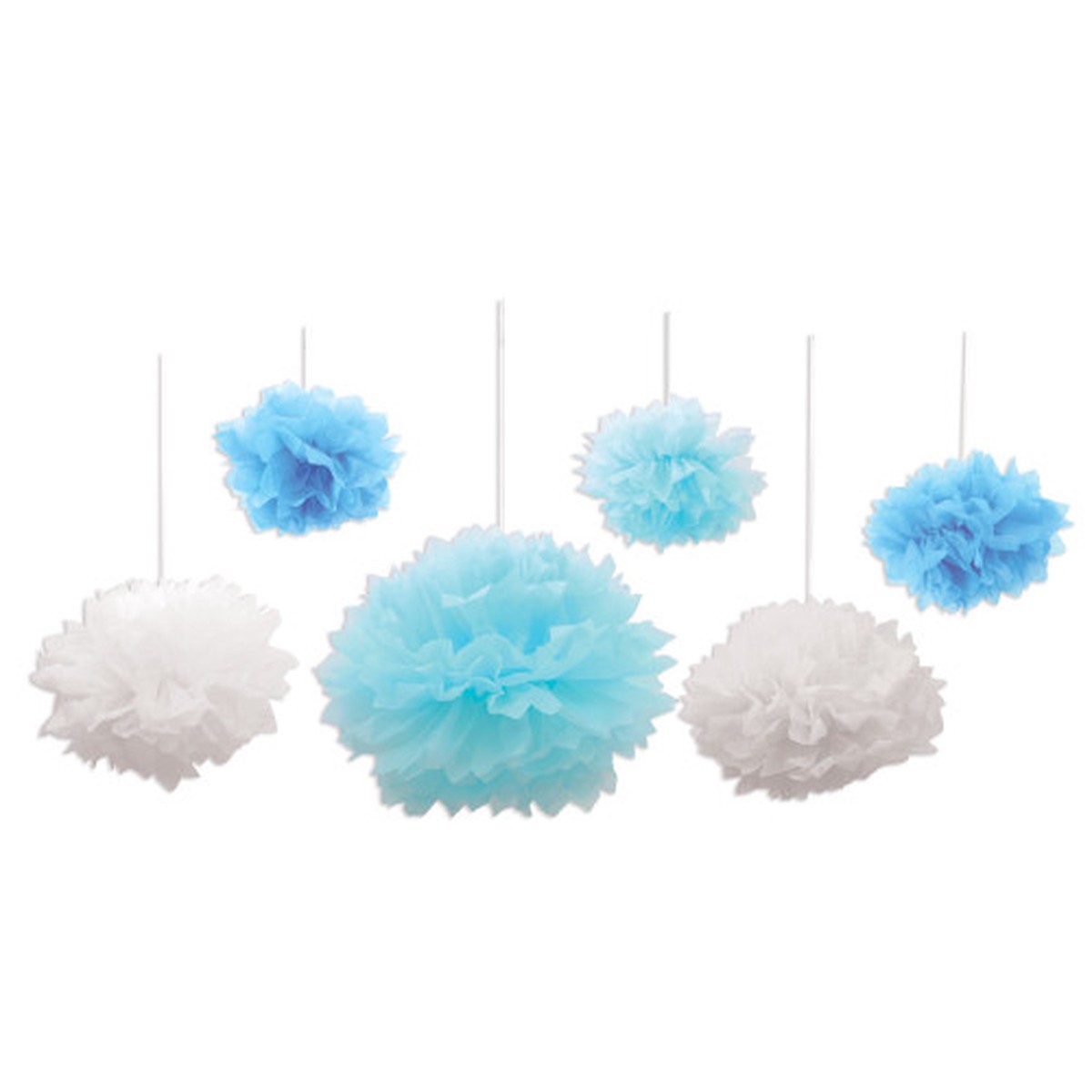 Pom Pom Hanging Tissue Paper Ball Party Decorations - 16" - Blue and White - Pack of 6
