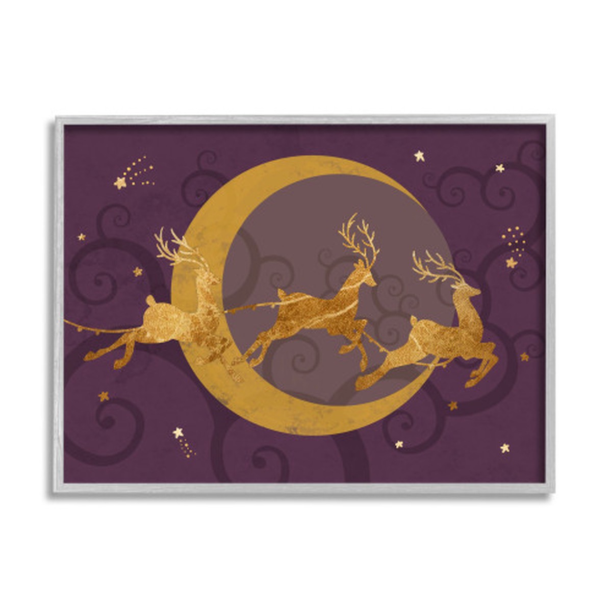 Purple and Gray Reindeers Flying Over Crescent Moon Framed Christmas Wall Art 16" x 20"