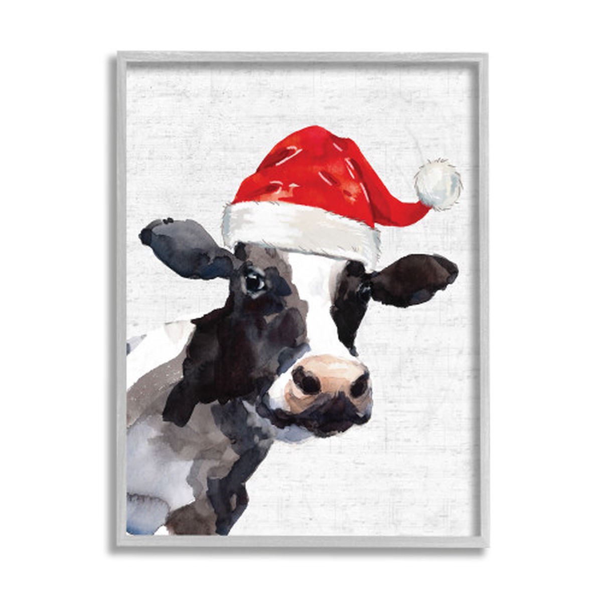 Red and Gray Farm Cow Santa Claus Hat Framed Christmas Wall Art 20" x 16"