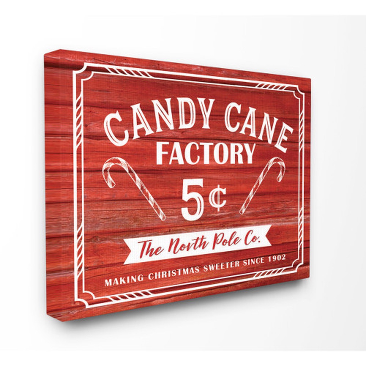 Red and White "Candy Cane Factory" Christmas Stretched Canvas Wall Art 20" x 16"