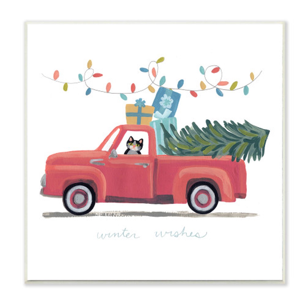 Red and White Cat in Truck Winter Wishes Phrase Christmas Wall Plaque Art 12"