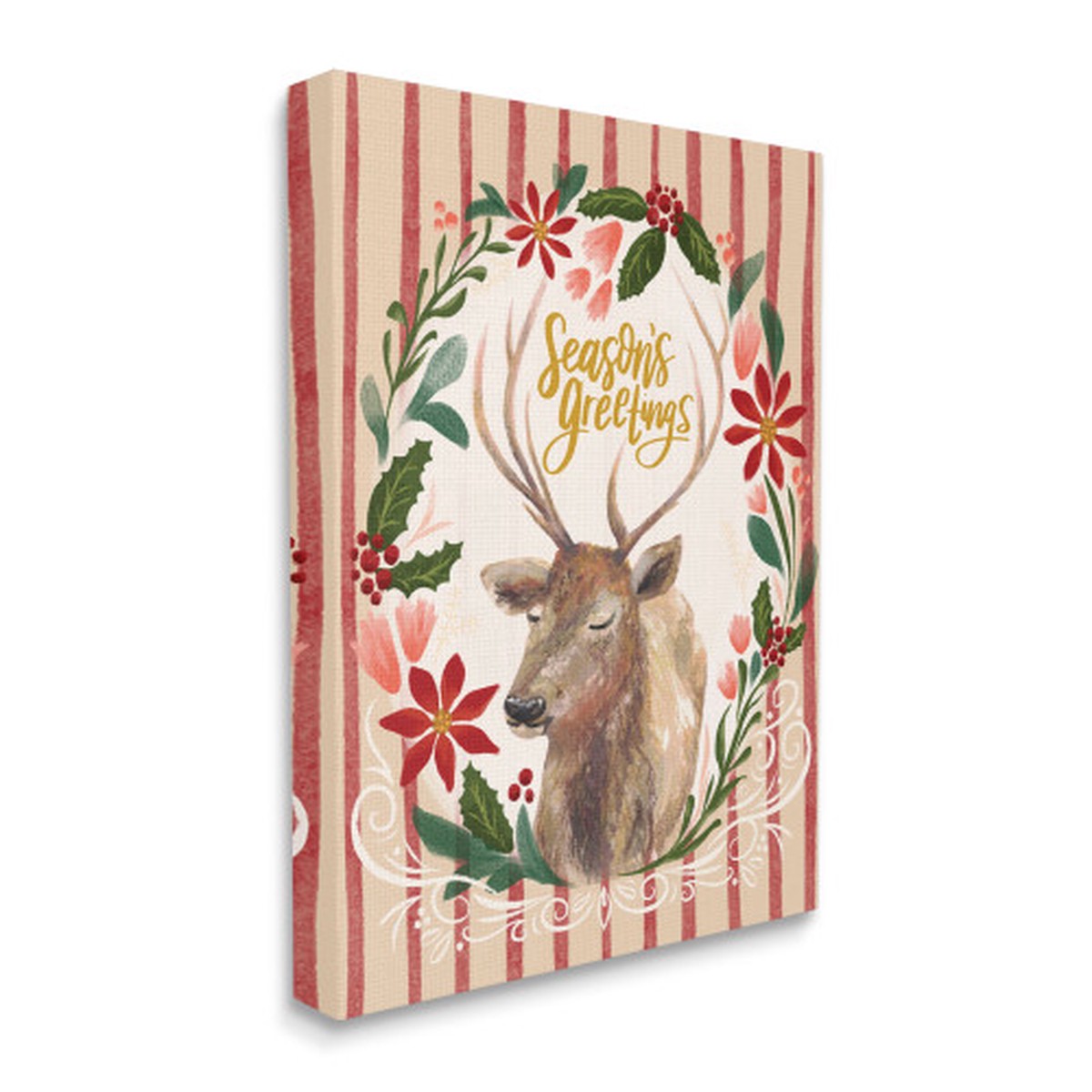Red and White "Seasons Greetings" Holiday Wreath Reindeer Stretched Christmas Wall Art 20" x 16"