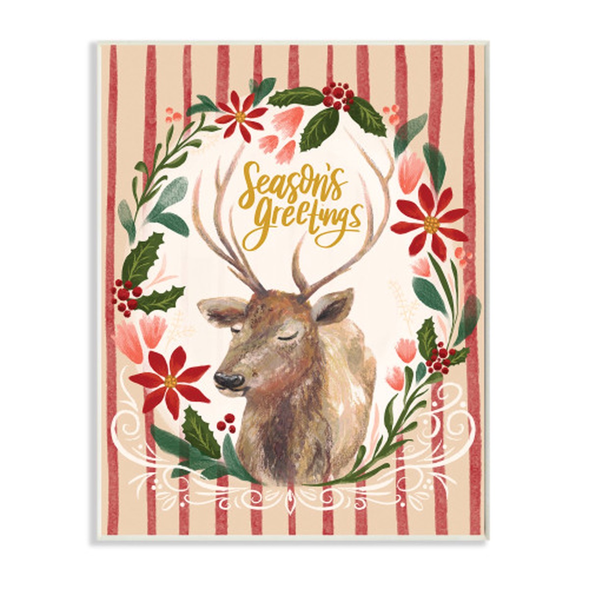 Red and White "Seasons Greetings" Wreath Reindeer Christmas Wall Plaque Art 15" x 10"