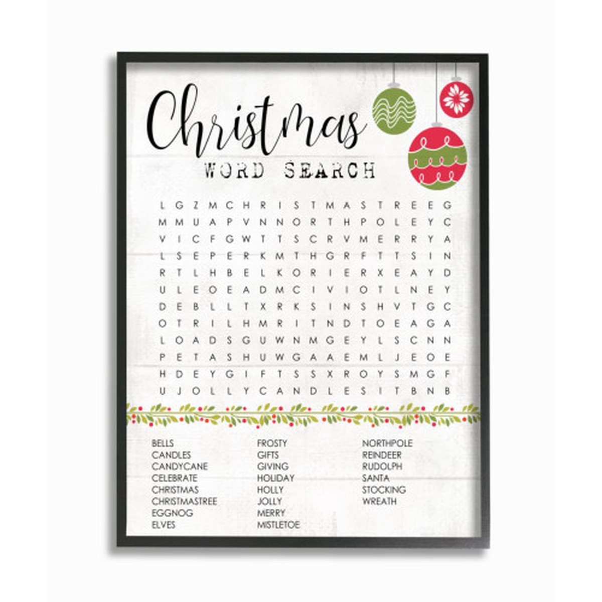 White and Black Christmas Word Search Framed Giclee Texturized Wall Art Decor 20" x 16"