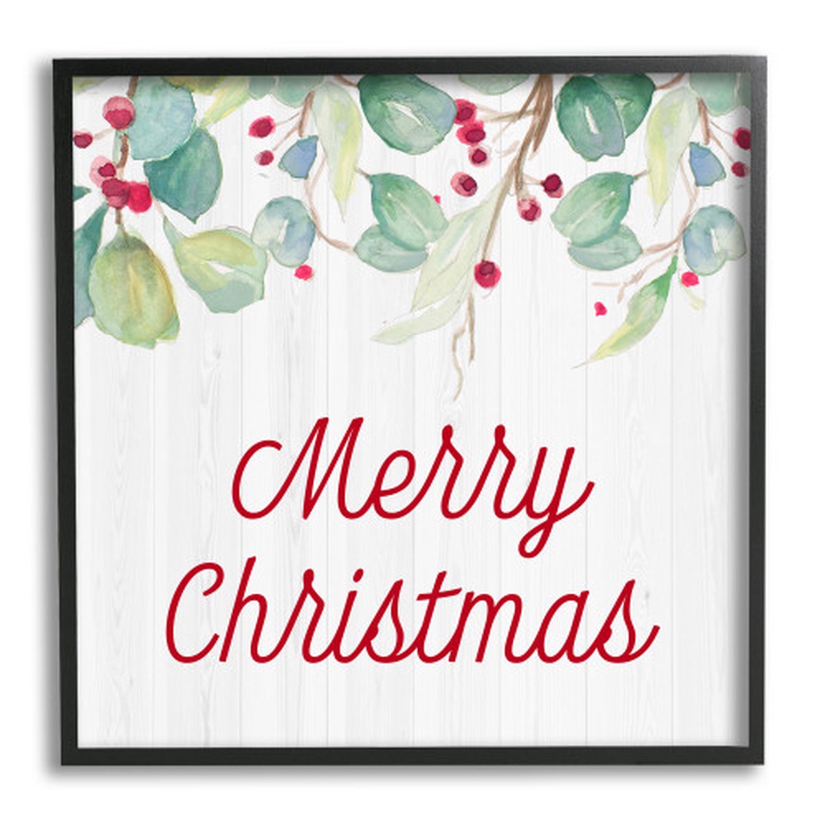 White and Black "Merry Christmas" Falling Holly Vines Framed Wall Art 17" x 17"