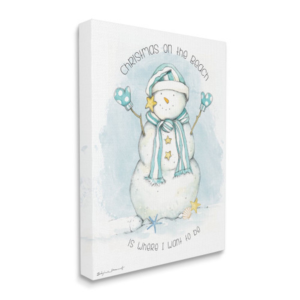 White and Blue "Christmas On the Beach" Snowman Stretched Wall Art Decor 40" x 30"