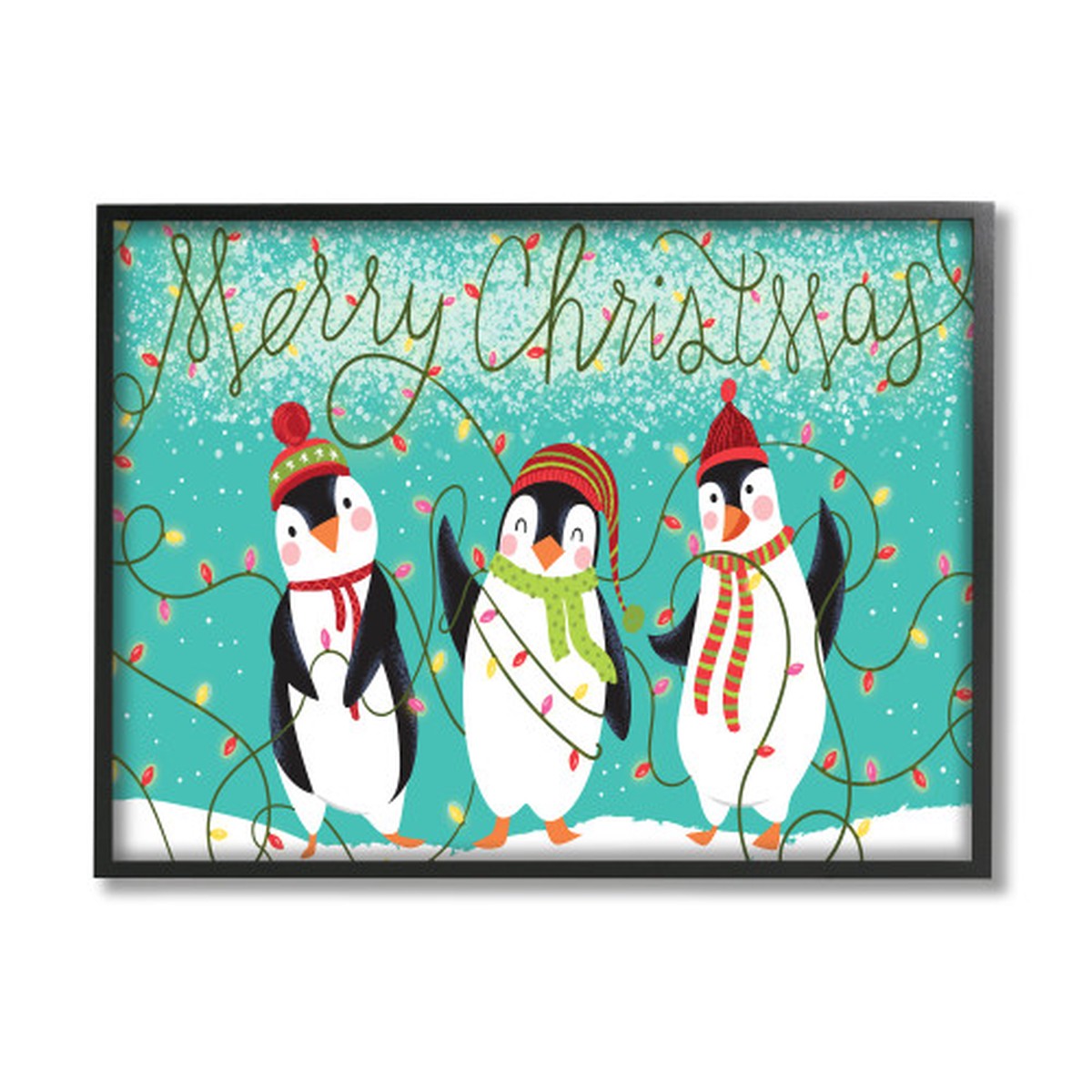 White and Blue Merry Christmas Playful Penguins Framed Giclee Texturized Wall Art Decor 30" x 24"