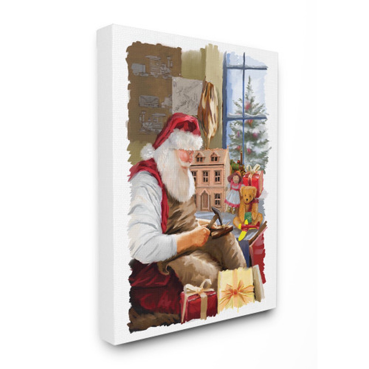 White and Brown Santa Creating Toys and Window Scene Rectangular Canvas Wall Art 20" x 16"