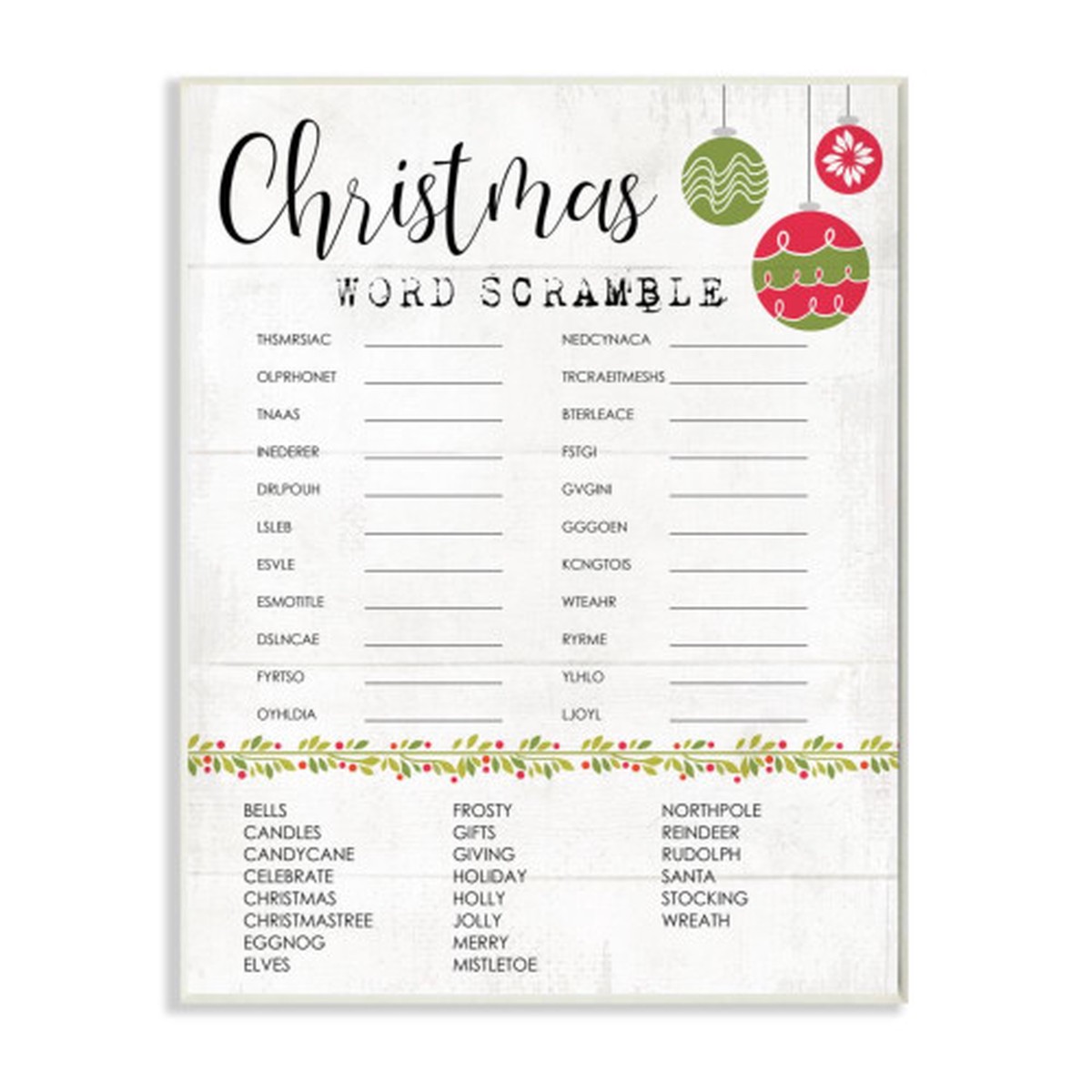 White and Green Christmas Word Scramble Activity Rectangular Wall Plaque Art Decor 19" x 13"