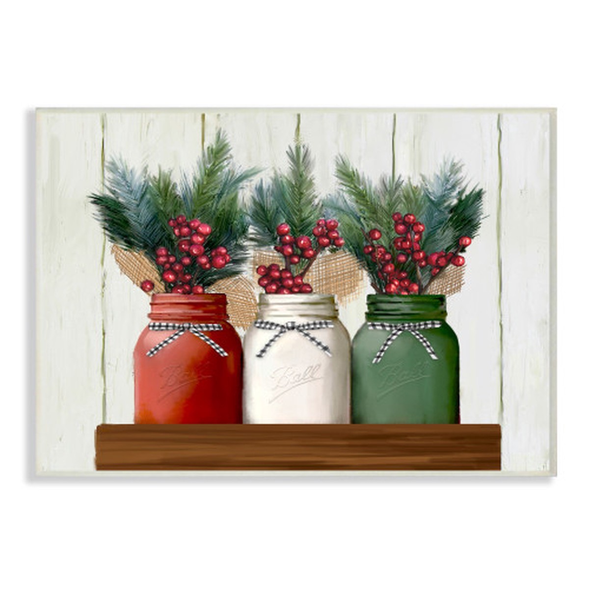 White and Red Jars Christmas Berry Bouquets Rectangular Wall Plaque Art Decor 19" x 13"