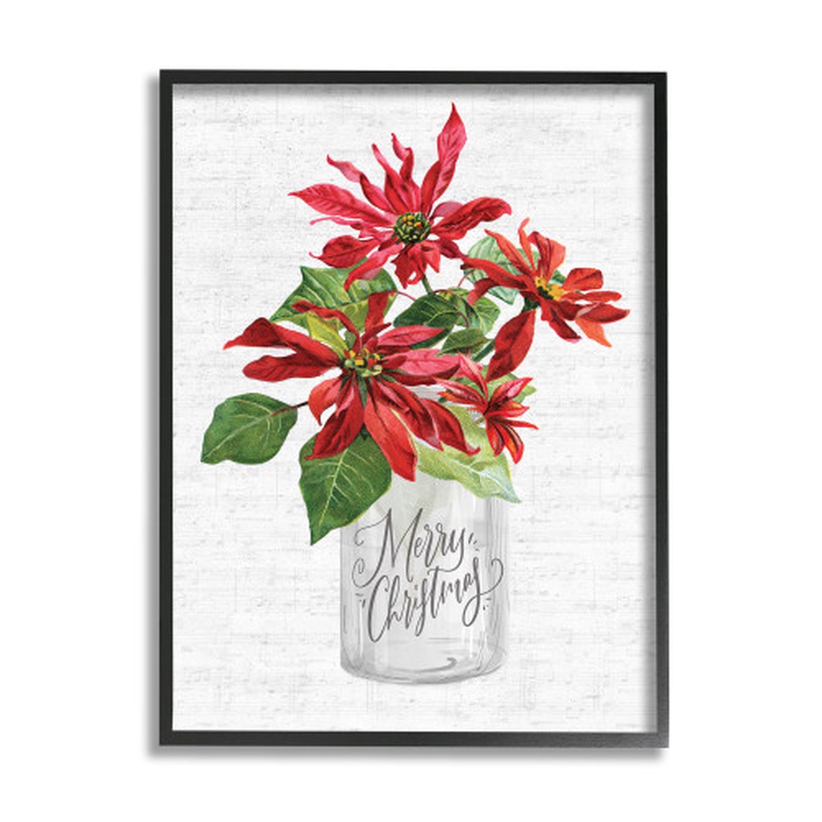 White and Red Merry Christmas Phrase Poinsettia Bouquet Framed Wall Art Decor 30" x 24"