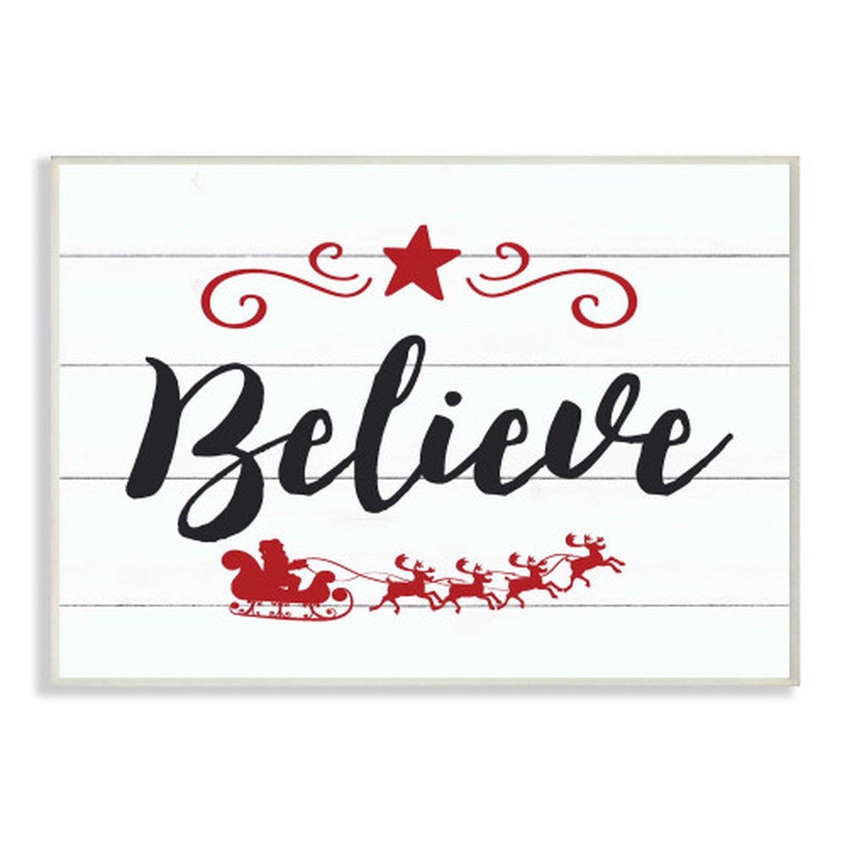 White Believe Typography with Red Sleigh and Star Rectangular Wall Plaque Art 19" x 13"