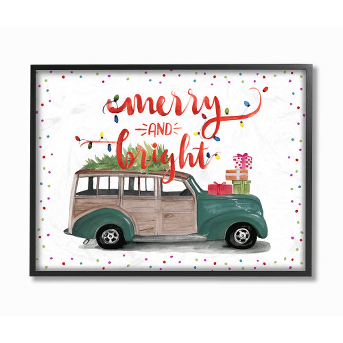 White Merry And Bright Green Car with Tree Gifts Rectangular Framed Wall Art 20" x 16"
