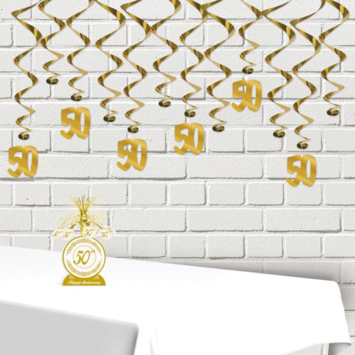 50th Anniversary Metallic Cascading Party Centerpiece - 13" - Gold and White - Pack of 12